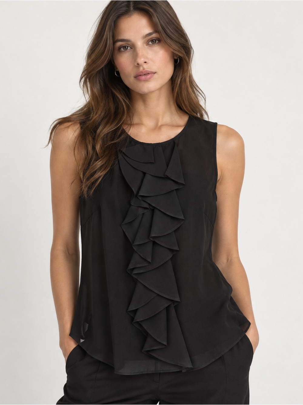 Spense Black Sheer Chiffon Ruffle Blouse M